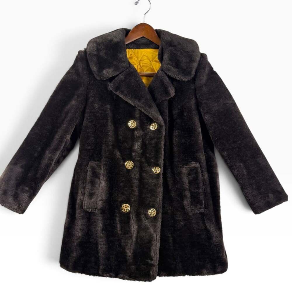 Retro Mod Brown Plush Coat Gold Buttons Size 14